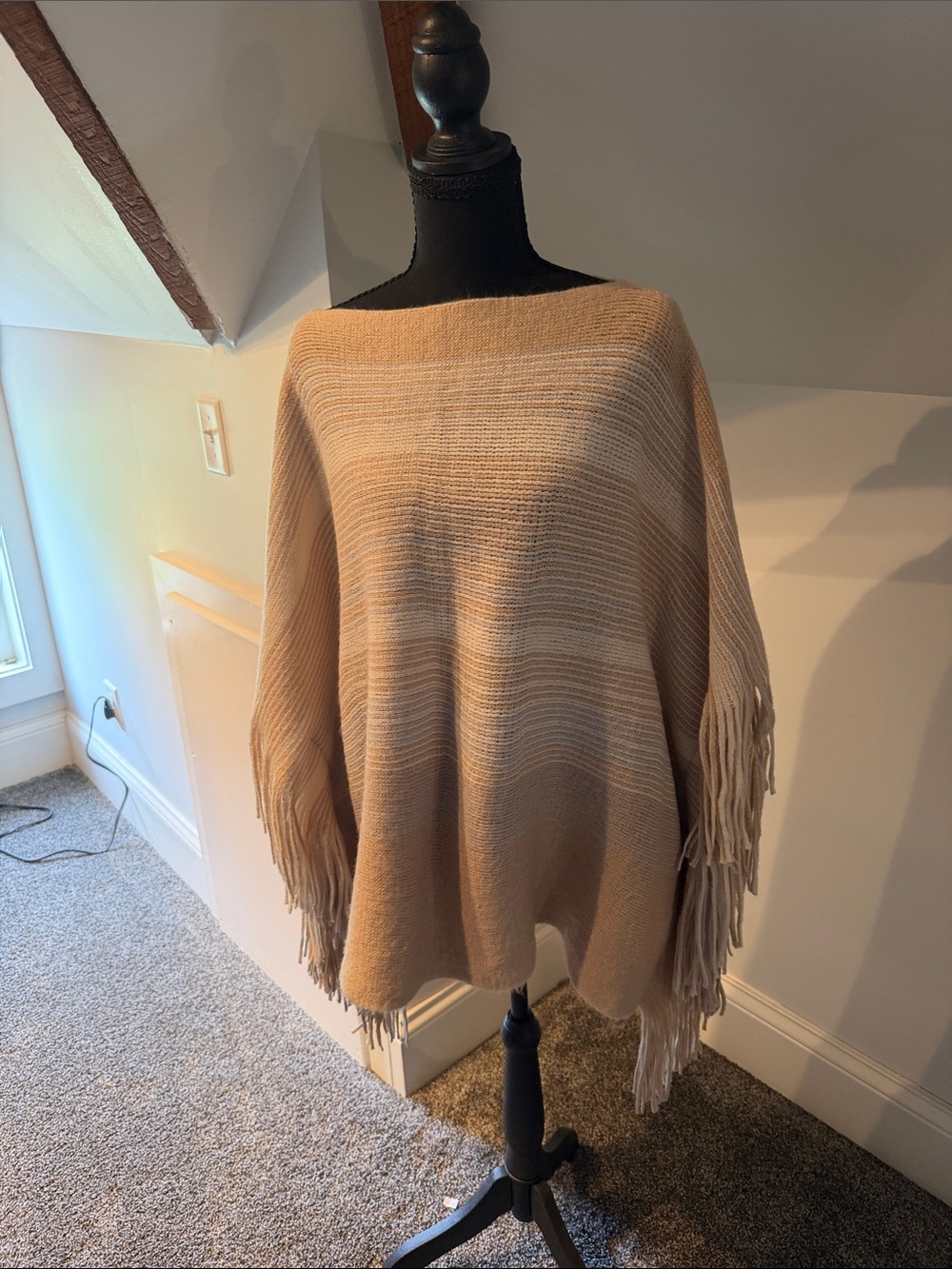Beige Fringe Knit Women's Sweater Poncho